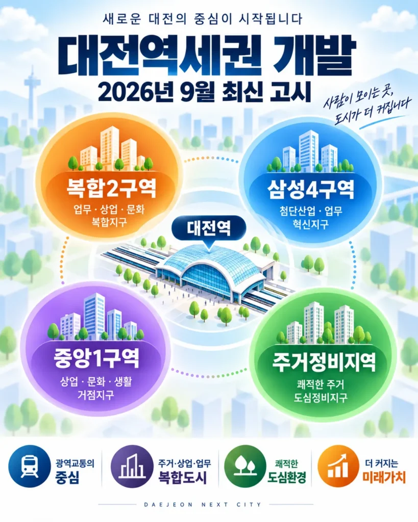 대전역세권 개발은 하나의 사업이 아니라 여러 정비구역과 복합개발사업이 함께 진행되는 구조입니다. 이미지는 이해를 돕기 위한 개념도입니다.